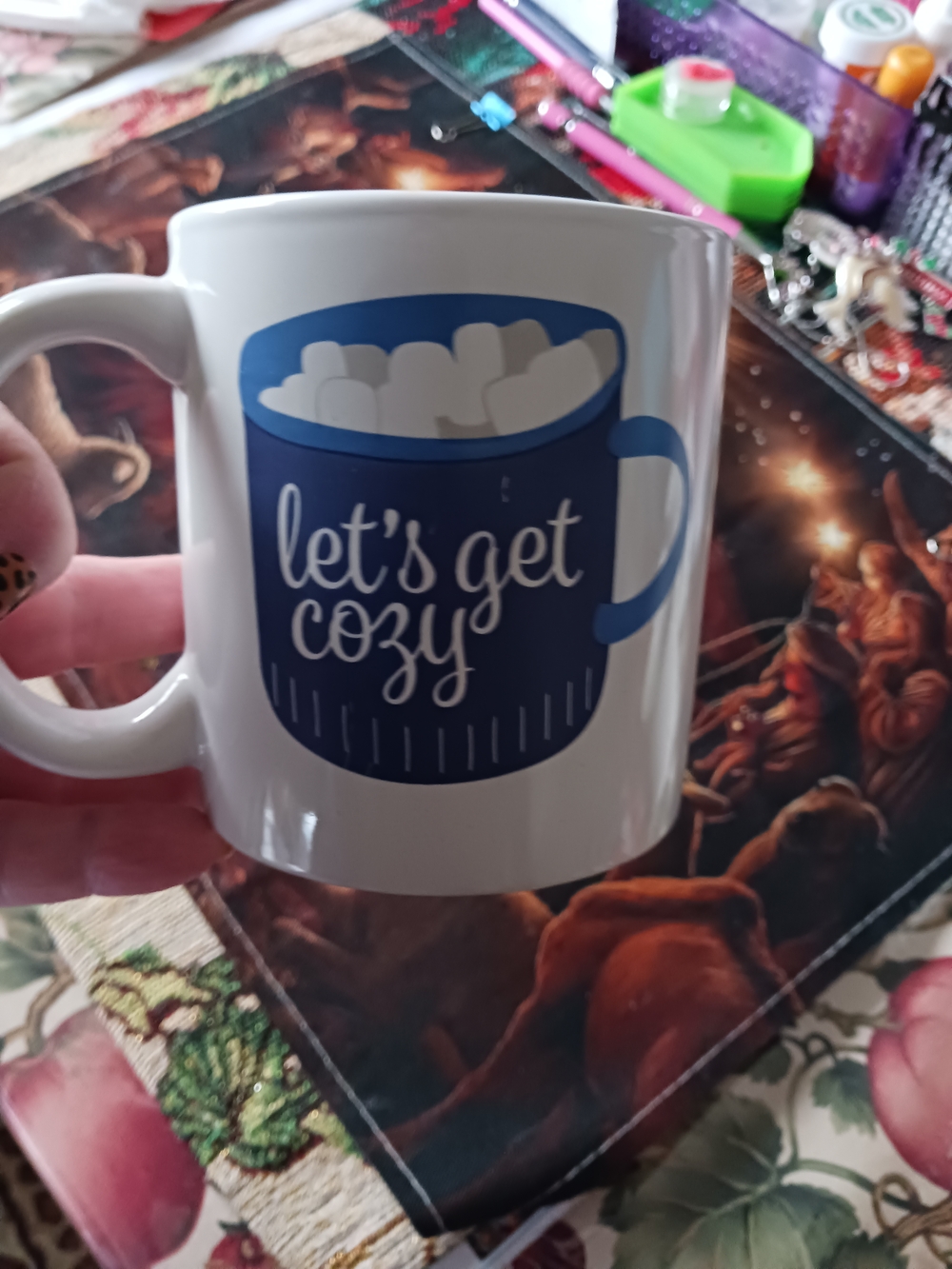 Source Unknown White Mug with Blue 'let's get cozy' Graphic